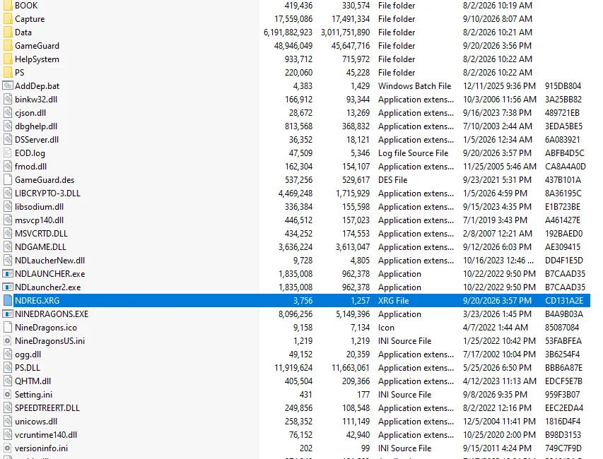 Thư mục game sau khi giải nén — chạy NDLAUNCHER.exe để khởi động, NINEDRAGONS.EXE là tệp chính của trò chơi