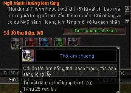 Giao diện thu thập Ngũ hành Hoàng kim tàng, 0/5 mảnh, ví dụ mảnh Thổ Kim Chương tăng 25 cân lực