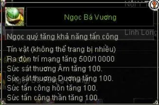 Tooltip Ngọc Bá Vương cấp 1: ra đòn trí mạng 500/10000, sức sát thương Âm/Dương và sức tấn công hồn/thần đều tăng 100
