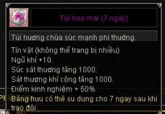 Tooltip Túi hoa mai 7 ngày: ngũ khí +10, sức sát thương và sát thương khí công tăng 1000, điểm kinh nghiệm +50%