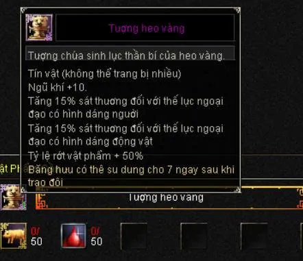 Tooltip Tượng heo vàng: ngũ khí +10, tăng 15% sát thương lên ngoại đạo hình người và hình động vật, tỷ lệ rớt vật phẩm +50%
